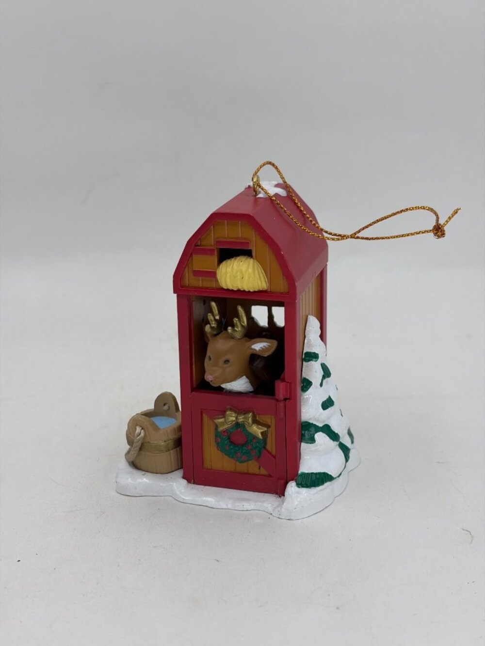 Vintage Christmas Ornament Reindeer Barn Stable Water Bucket Snow Tree Holiday